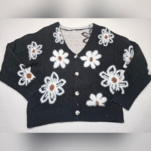 Fuzzy Flower Power Cardigan Sweater‎ XL Black Knit Chunky